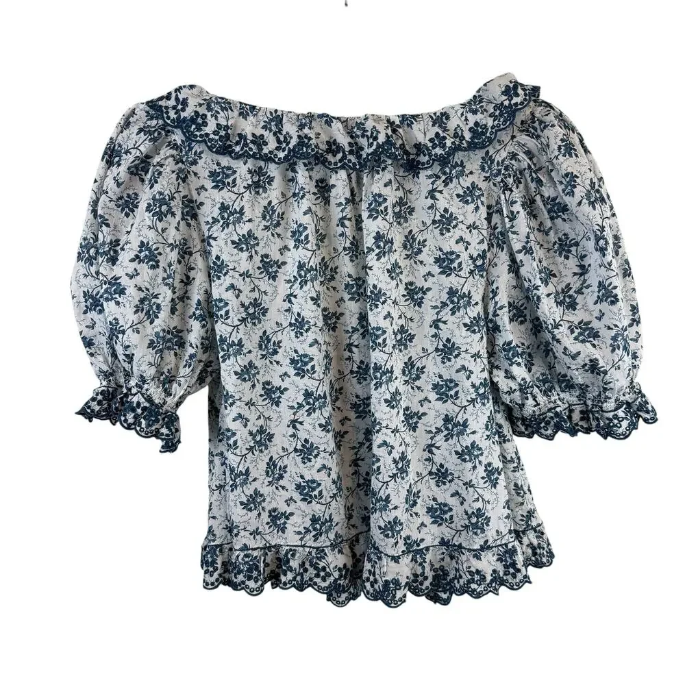 Doen Lazuli Floral Organic Cotton Puff Sleeve Ruffle Top Boho Chic White Blue XS